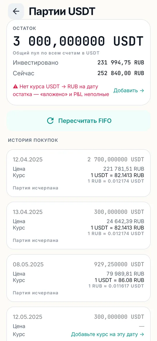 Партии USDT на демо-данных